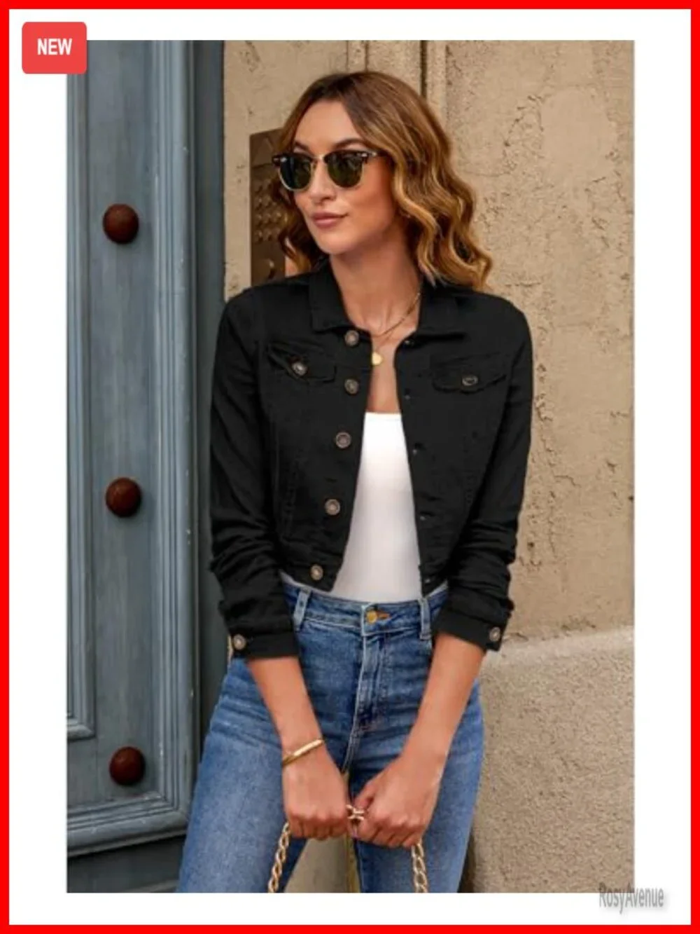 Cropped Denim Jacket with Pockets Stretchy Lightweight Fitted